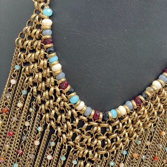 Multicolor Beaded Fringe Chain Choker Statement Necklace Gold Tone Wedding Guest - Picture 5 of 6